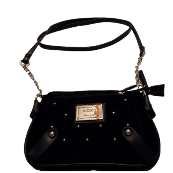 Nicole Miller Suzie bag Quilted studded & chained Navy Velvet Mini crossbody - Picture 6 of 17